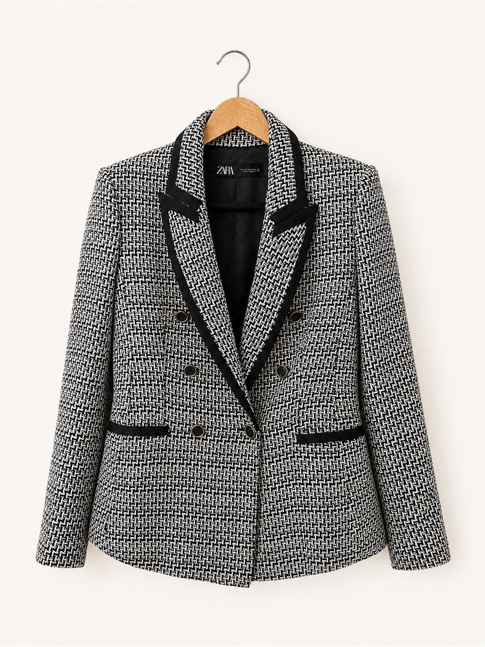 Zara Black & White Houndstooth Double-Breasted Blazer with Contrast Trim